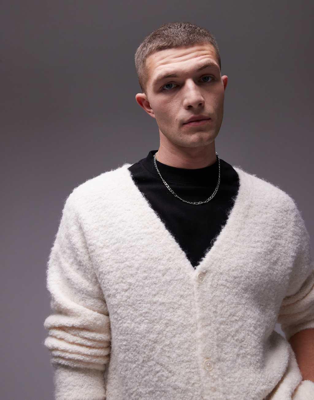 Topman relaxed fit boucle cardigan in oatmeal Product Image