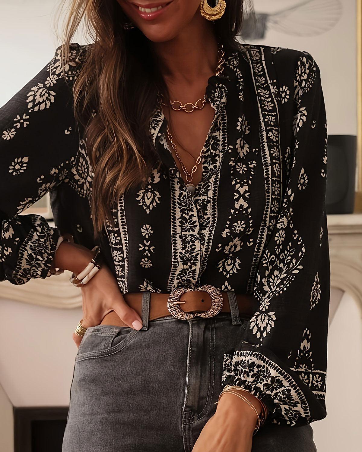 Black Floral Lantern Sleeve Shirt Product Image