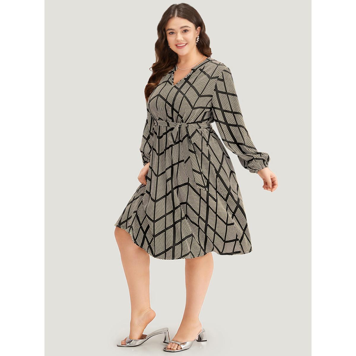 Plus Size Polka Dot Geometric Belted Lantern Sleeve Dress Black Women Office Elastic cuffs Notched collar Long Sleeve Curvy Midi Dress BloomChic 10/M Product Image