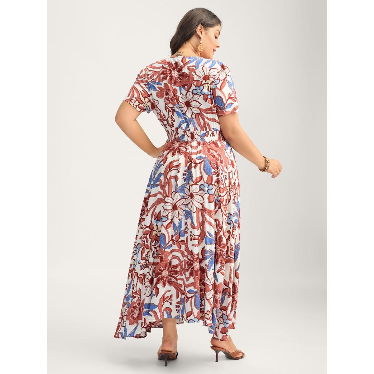 Plus Size Large Floral Print Button Placket Midi Dress Multicolor Women V-neck Short sleeve Curvy BloomChic 10/M Product Image