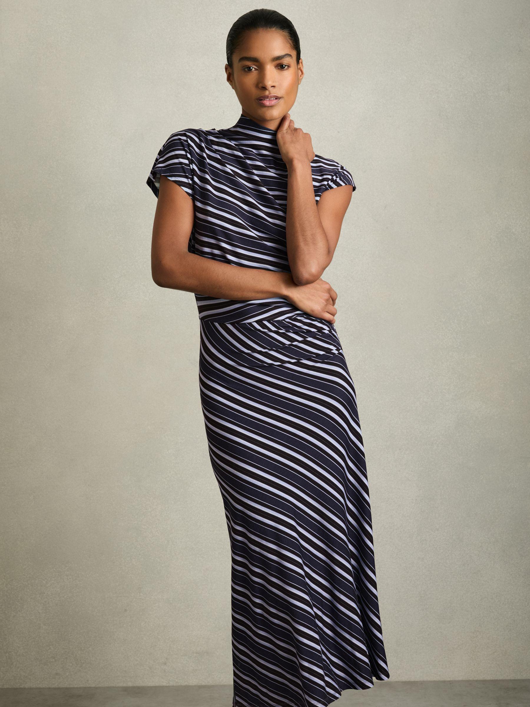 Petite Stripe-Print Draped Midi Dress in Blue Product Image