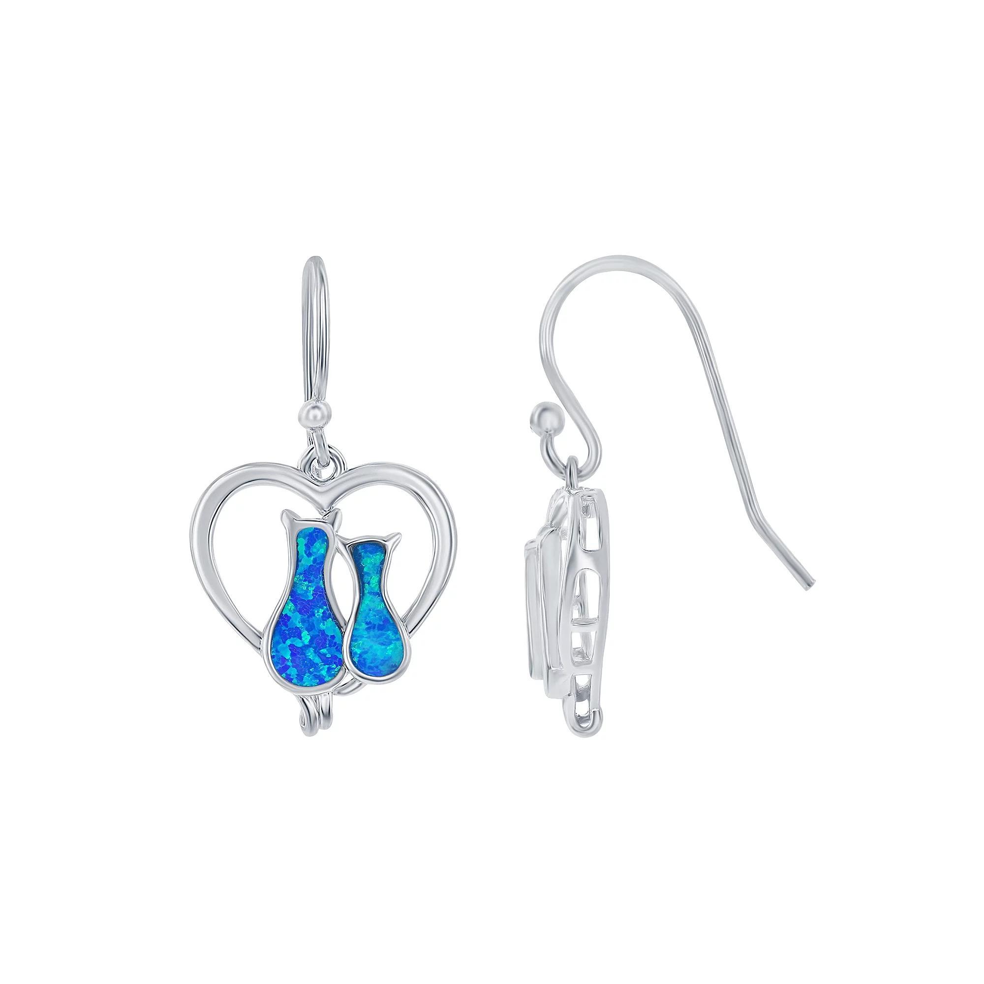 Sterling Silver Lab-Created Blue Opal Cats In Heart Earrings, Women's Product Image
