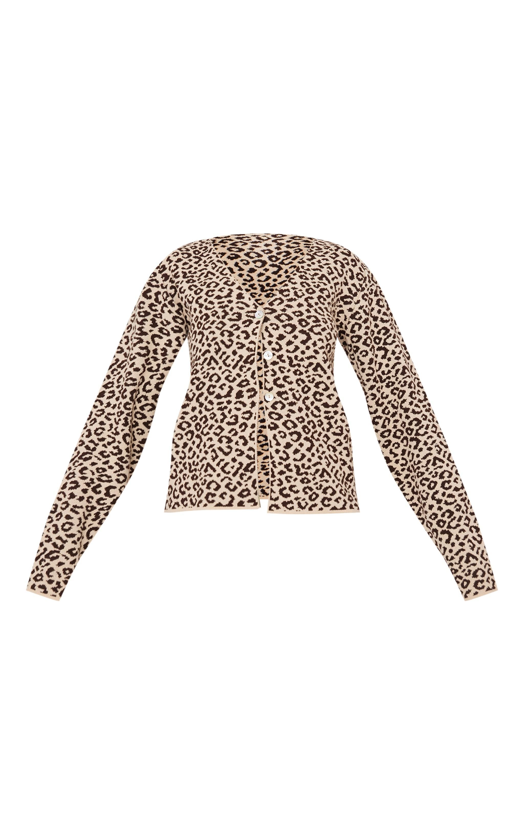  Brown Leopard Print Knitted Button Up V Neck Cardigan Product Image