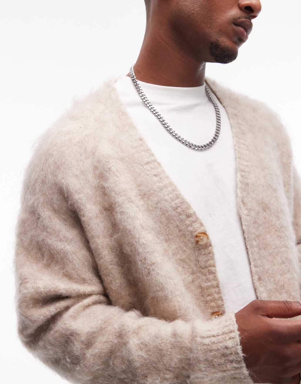 Topman relaxed fit heavily brushed cardigan in oatmeal Product Image