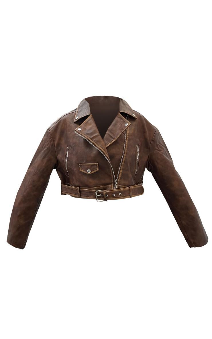 Brown Faux Leather Mottled Texture Belted Hem Biker Jacket Product Image