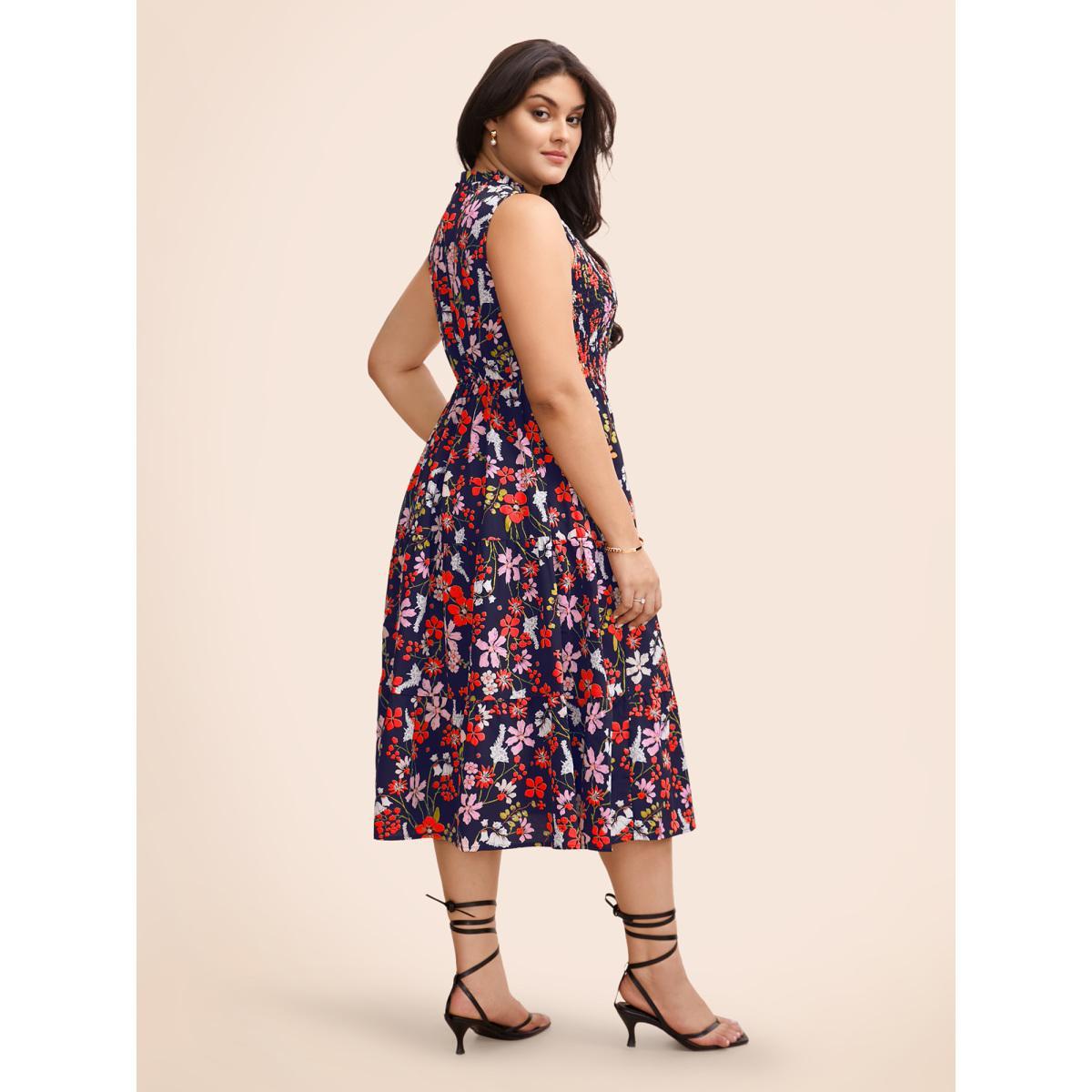 Plus Size Floral Shirred Mock Neck Cut Out Pocket Ruffle Hem Dress DarkBlue Women Elegant Frill Trim Mock Neck Sleeveless Curvy Midi Dress BloomChic 28/5X Product Image
