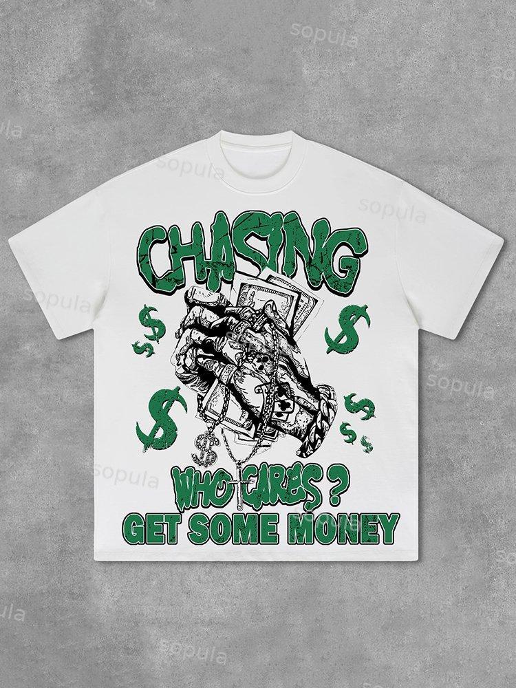 Vintage Chasing Money Graphic Print Cotton T-Shirt Product Image