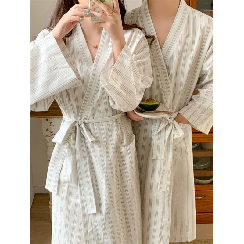 Couple Matching V-Neck Striped Tie Waist Pajama Robe Product Image