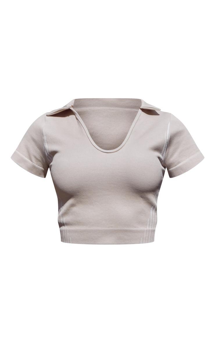 Oatmeal Seamless Contrast Rib Collar Crop Gym Top Product Image