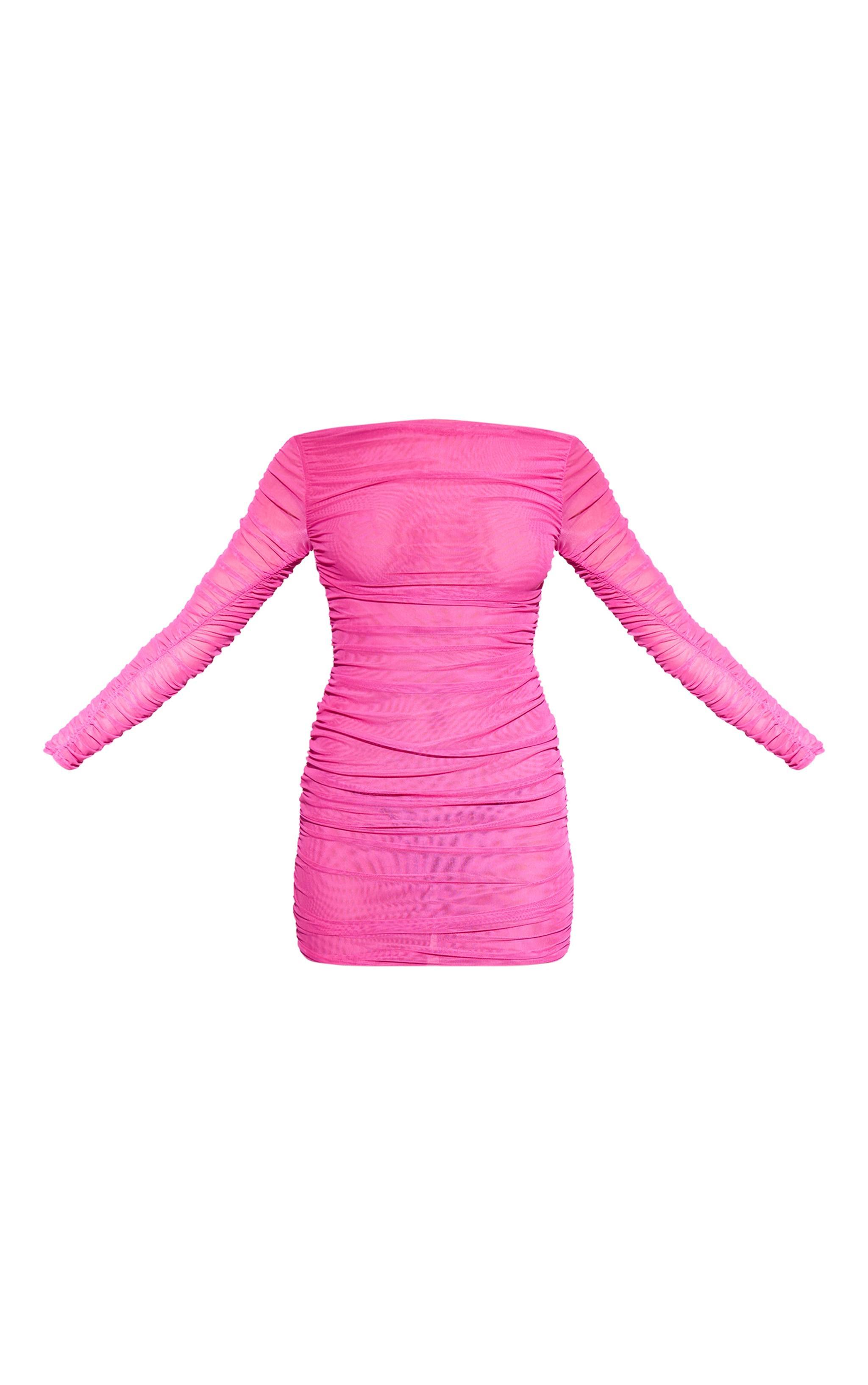 Premium Pink Double Layer Mesh Ruched Long Sleeve Bodycon Dress Product Image