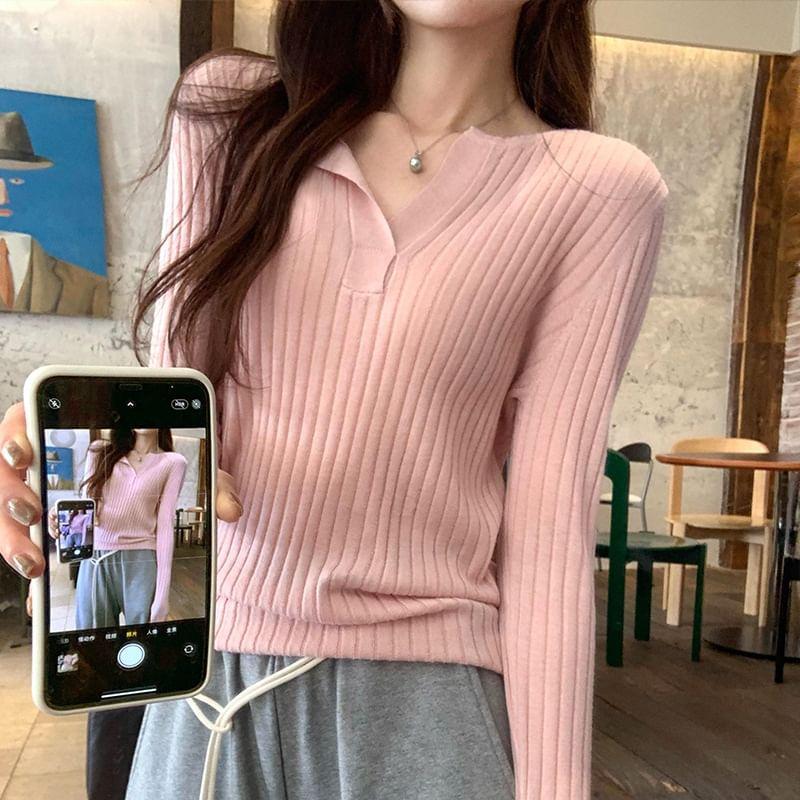 Long Sleeve Open Placket Plain Ribbed Knit Top Product Image