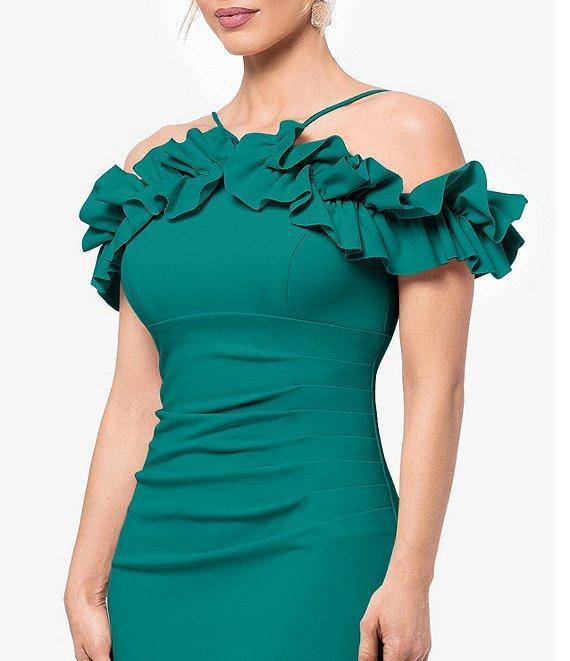 Xscape Scuba Crepe Off The Shoulder Halter Neck Ruffle Trim Pleated Dress Product Image