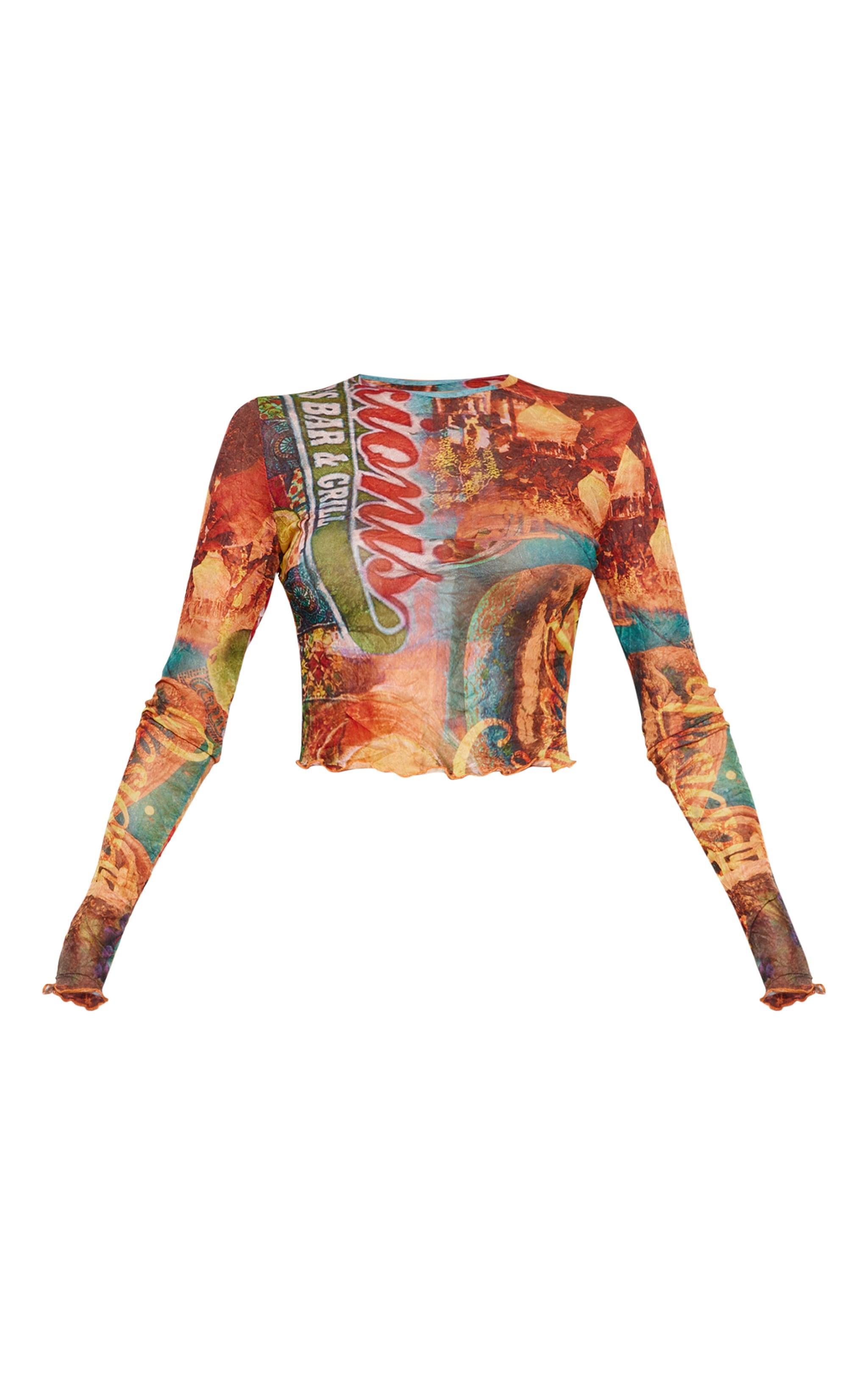 Multi Printed Crinkle Mesh Long Sleeve Top Product Image