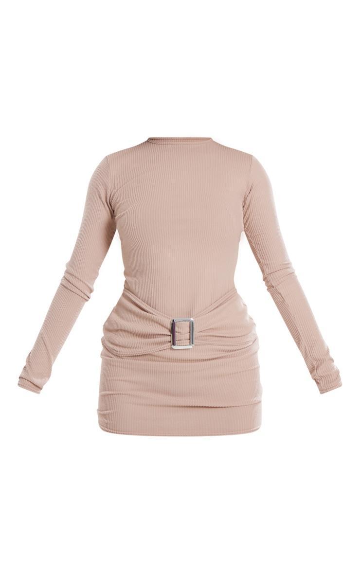 Taupe Soft Rib Belted Long Sleeve Bodycon Dress Product Image