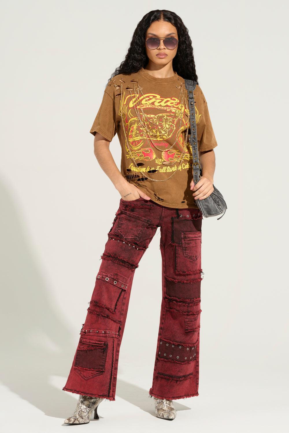 GRUNGY ATTITUDE MINERAL WASH RED WIDE LEG DENIM Product Image