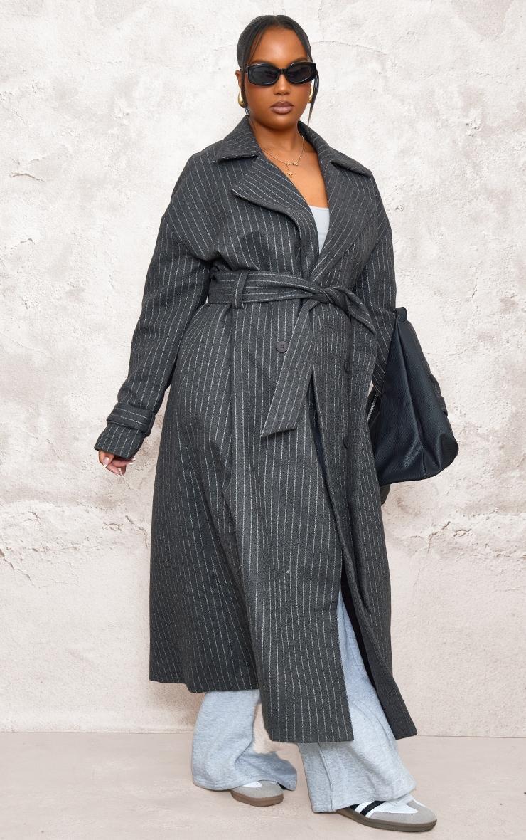 Plus Charcoal Pinstripe Wool Look Double Breasted Belted Coat Product Image