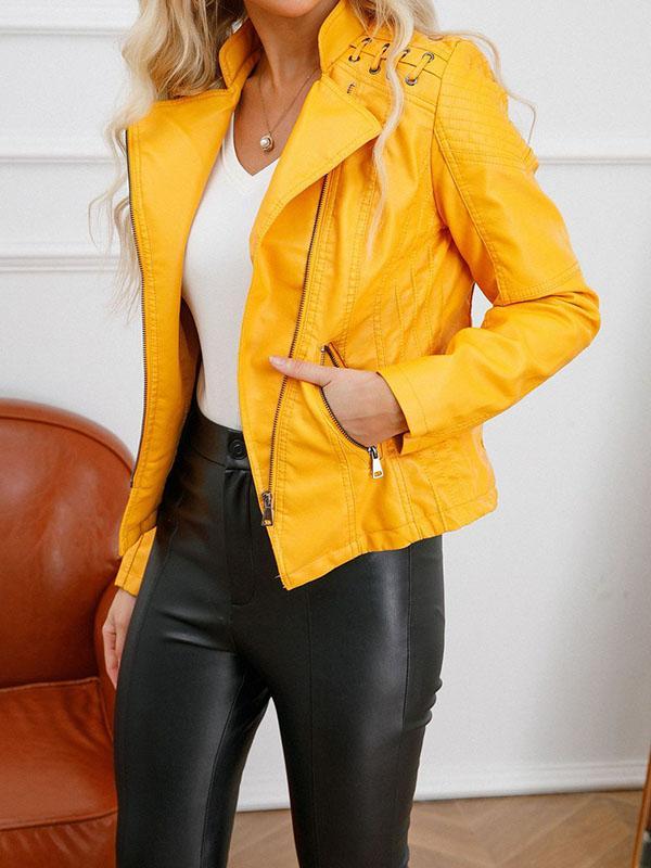 Long Sleeves Split-Joint Zipper Mock Neck PU Jackets Outerwear Product Image