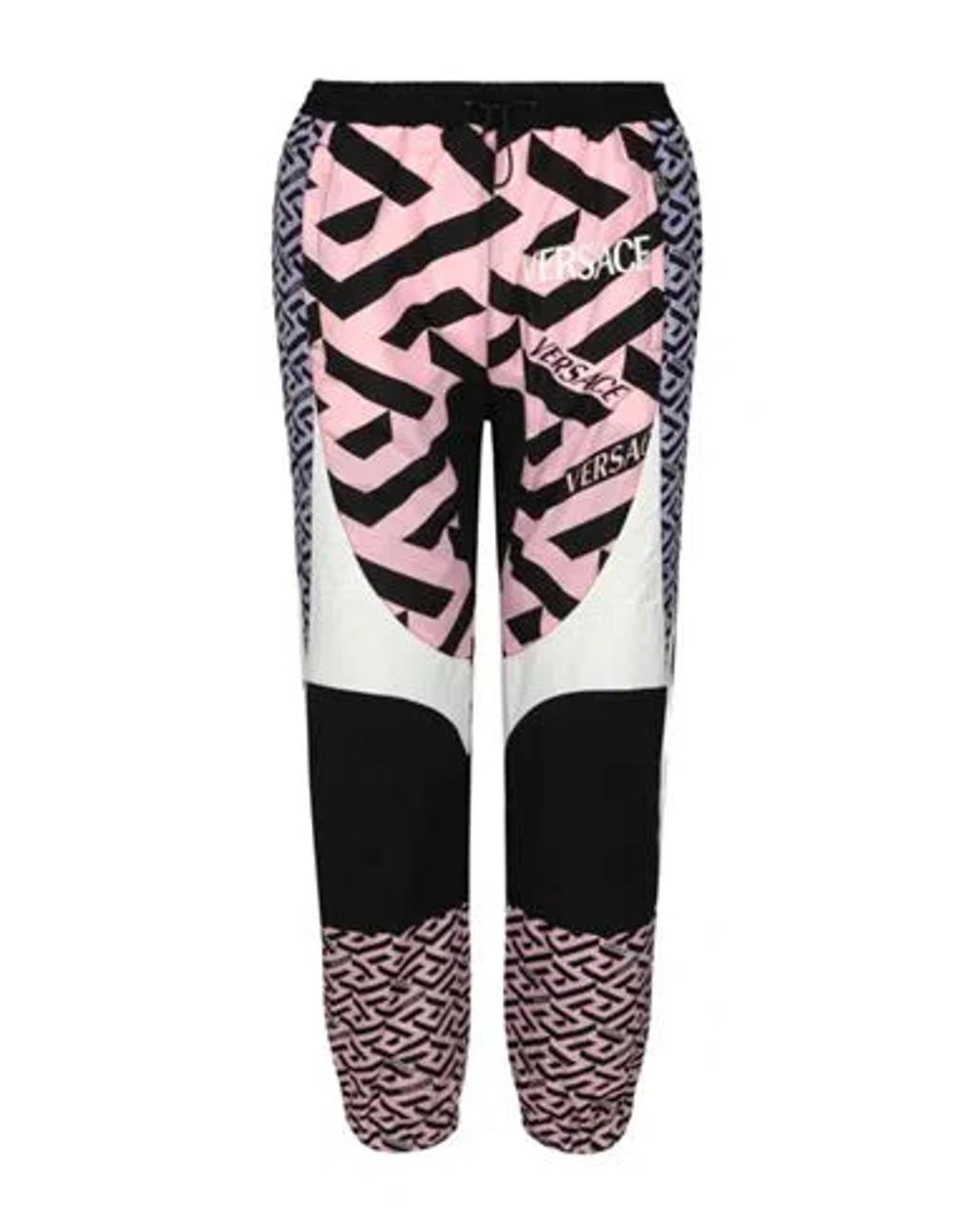 VERSACE Greca Embroidered Paneled Track Pants Woman Pants Black Size 4 Polyamide In Pink/white/black Product Image