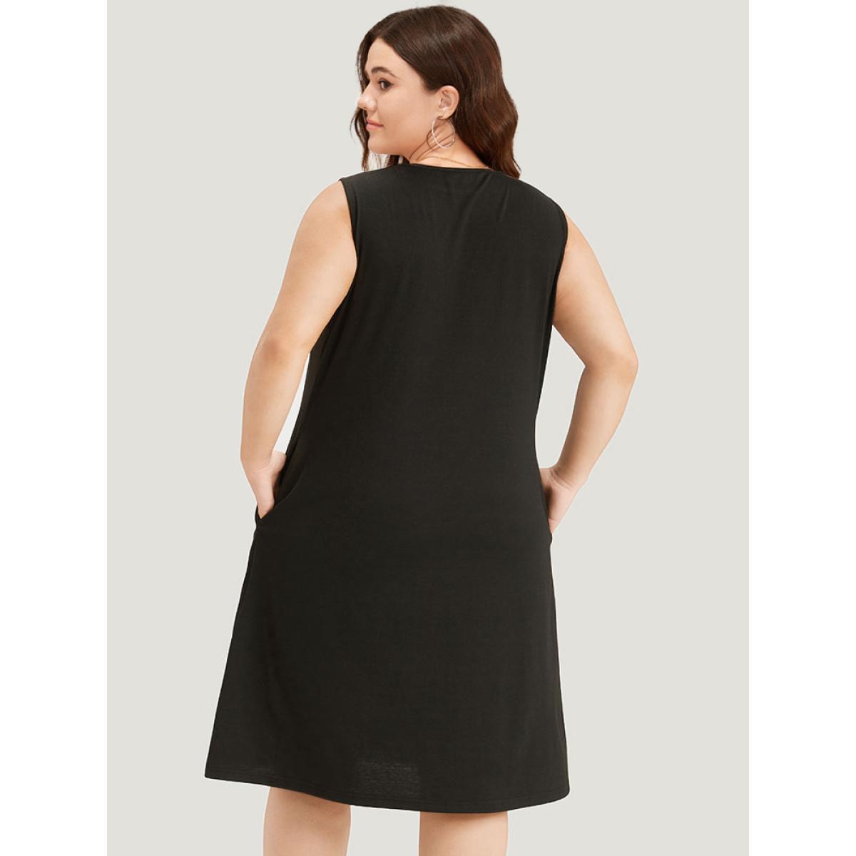 Plus Size Embroidered Pocket Patchwork Tank Midi Dress Aegean Women Casual Plain Round Neck Sleeveless Curvy Knee Dress BloomChic 10/M Product Image