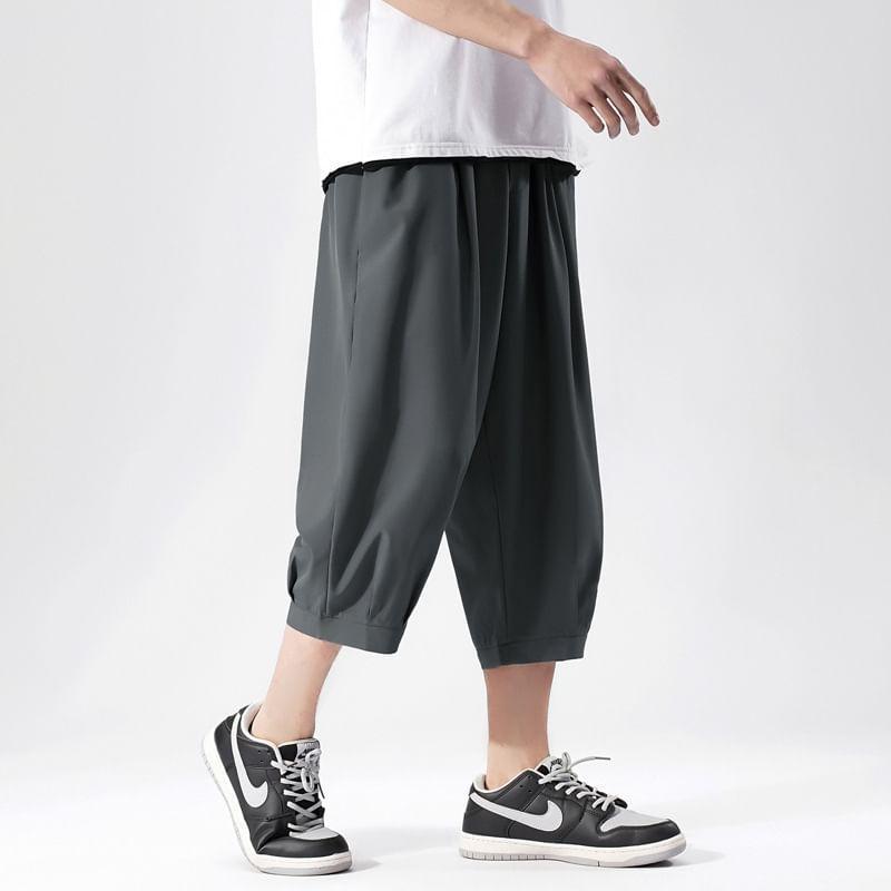 Elastic Waist Plain Cropped Wide Leg Harem Pants Product Image