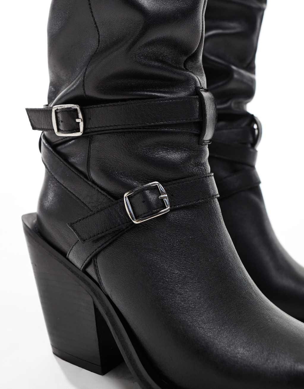 ASOS DESIGN Kingfisher leather ruched over the knee boots with buckles in black Product Image