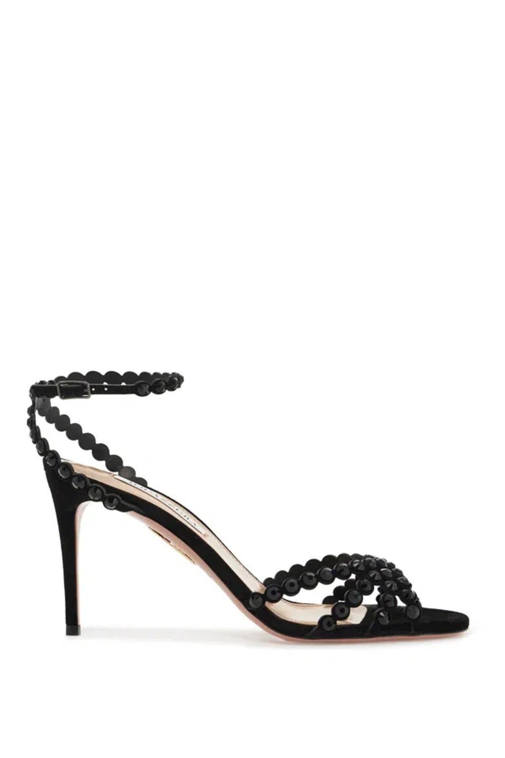 AQUAZZURA Tequila 85 Embellished Suede Sandals In Black Product Image