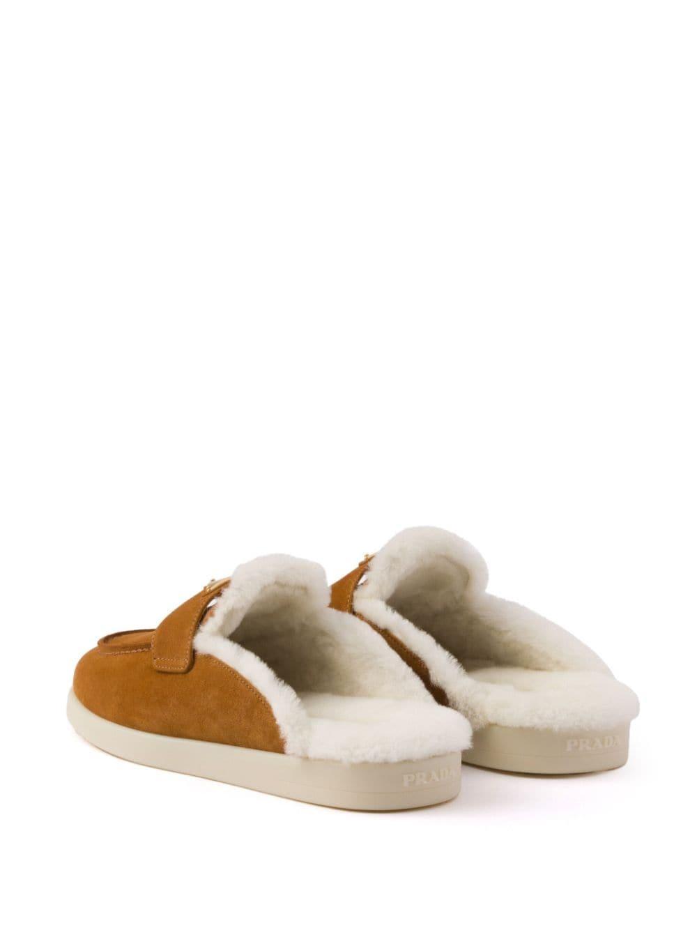 PRADA Womens Brown Brand-plaque Suede And Shearling Mules Product Image