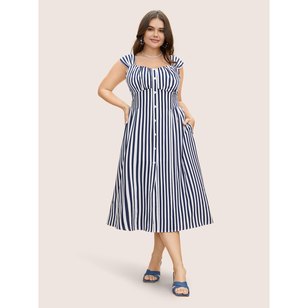 Plus Size Striped Button Detail Split Front Midi Dress Indigo Women Elegant Gathered Heart neckline Sleeveless Curvy BloomChic 26/4X Product Image