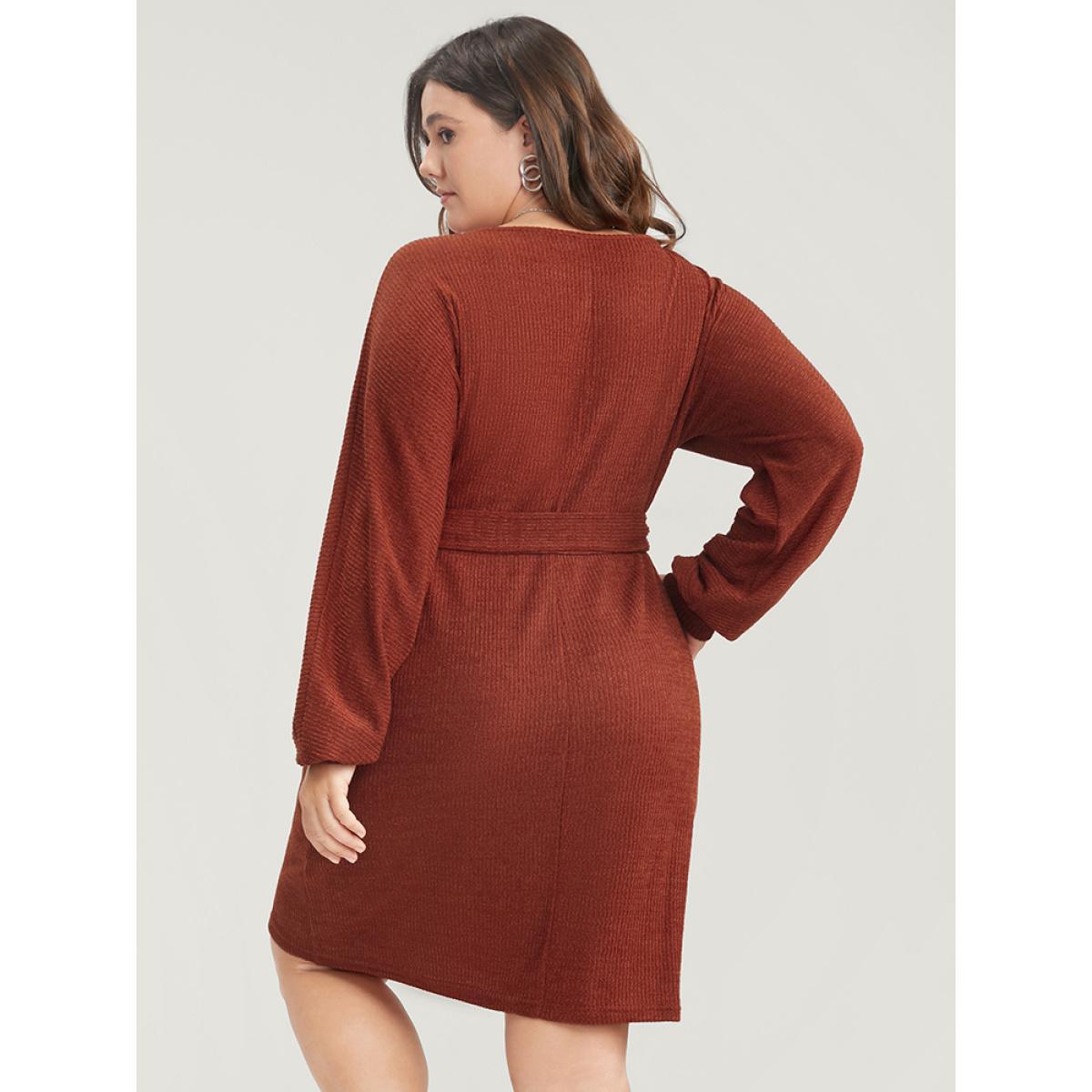 Plus Size Solid Surplice Neck Belted Knit Dress Russet Women Glamour Cross straps V-neck Long Sleeve Curvy Knee Dress BloomChic 10/M Product Image