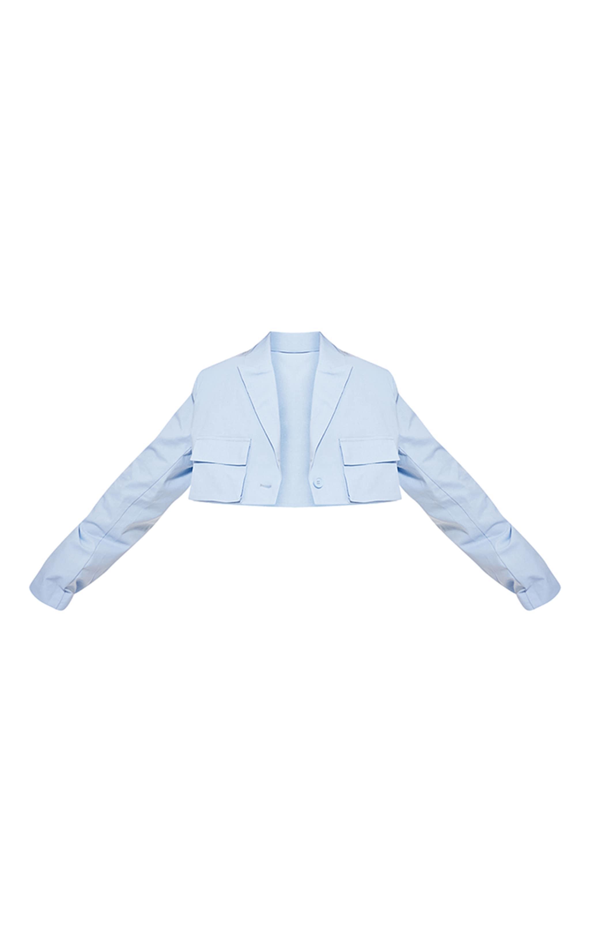 Sky Blue Linen Look Pocket Detail Super Cropped Blazer Product Image