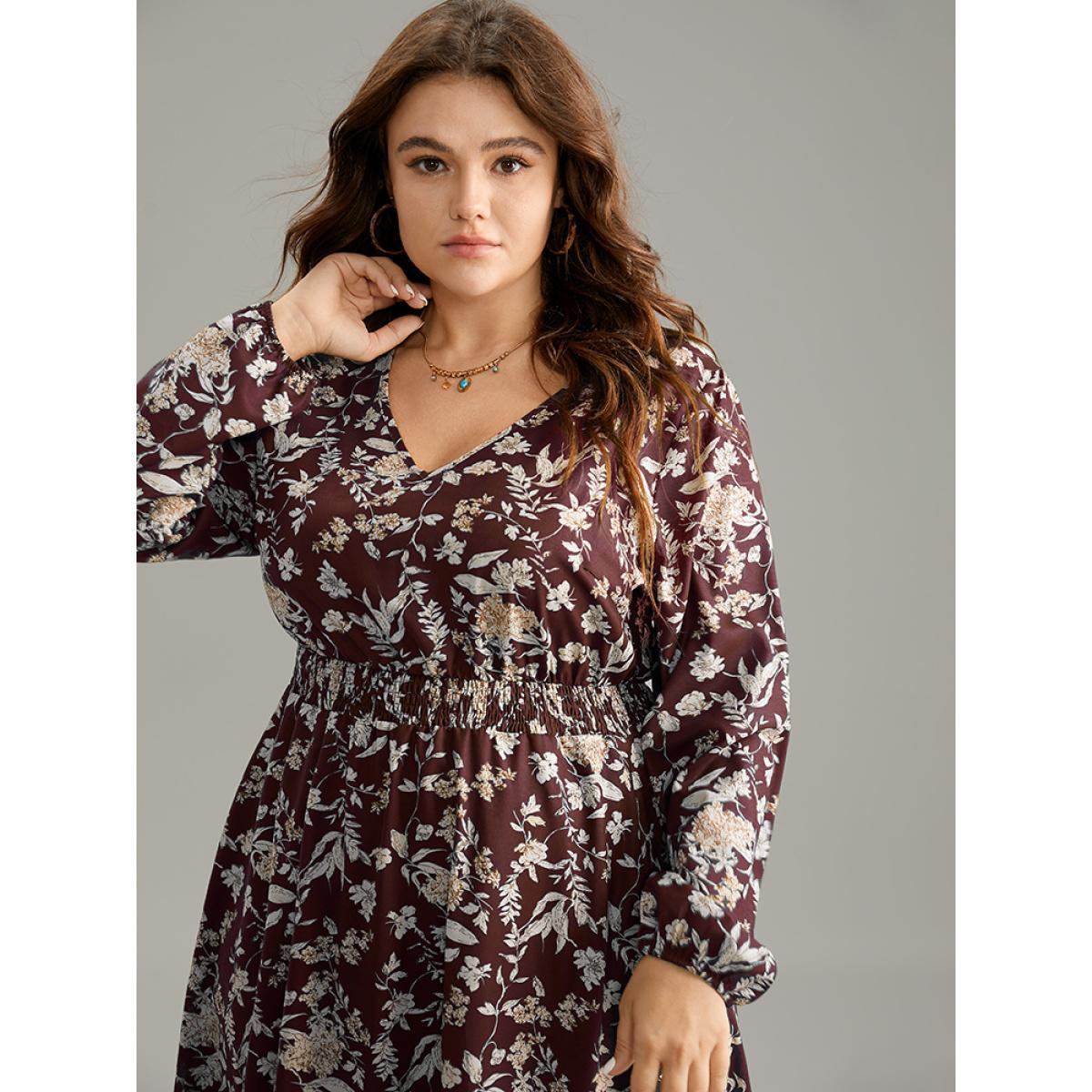Plus Size Floral Shirred Pocket Lantern Sleeve Dress Burgundy Women Elegant Elastic cuffs V-neck Long Sleeve Curvy Midi Dress BloomChic 26/4X Product Image