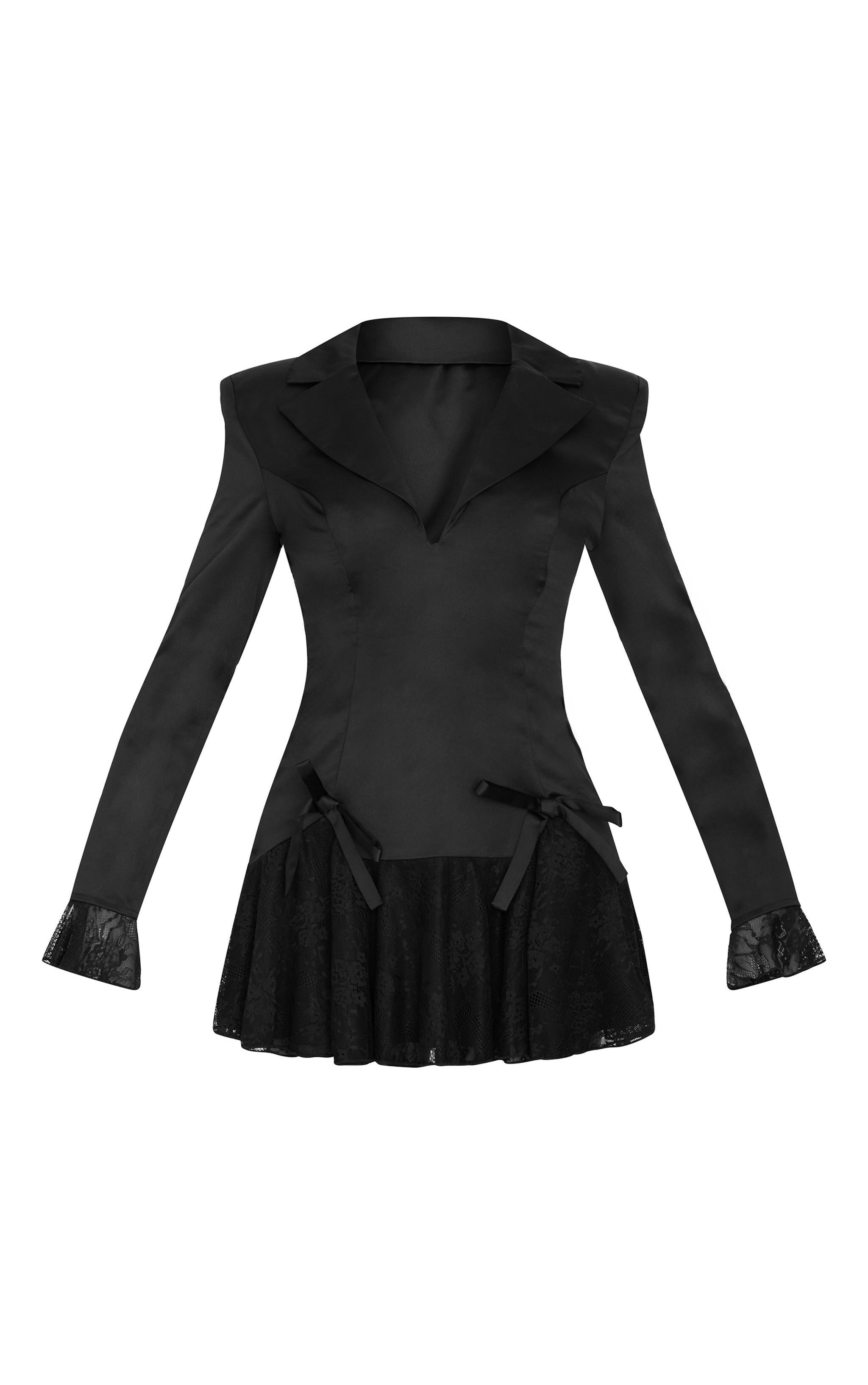 Black Satin Lace Trim Bow Blazer Dress Product Image