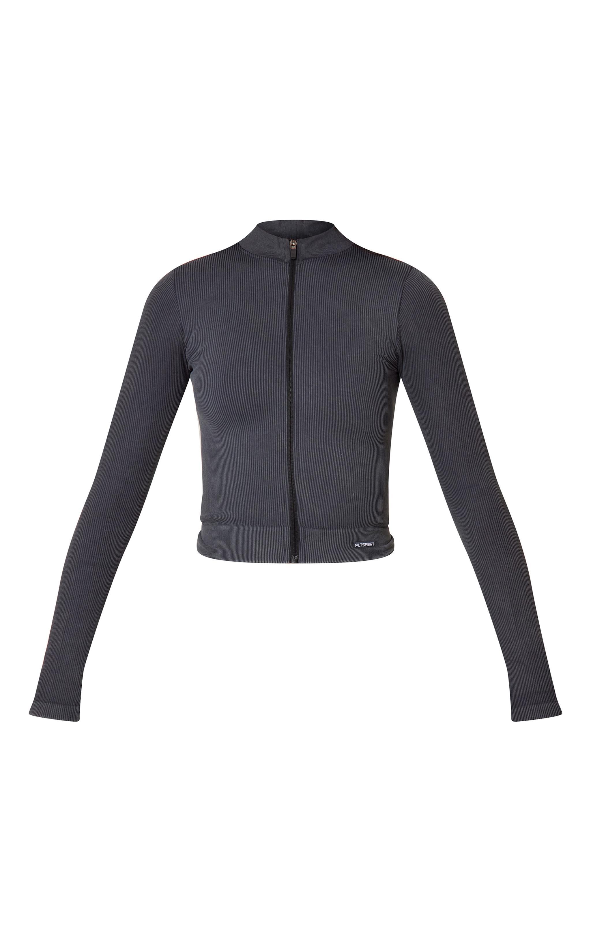 Charcoal Acid Wash Seamless Ribbed Zip Up Cropped Sports Jacket Product Image