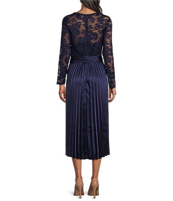 Marina Lace Bodice Surplice V-Neck Long Sleeve Pleated A-Line Midi Dress Product Image