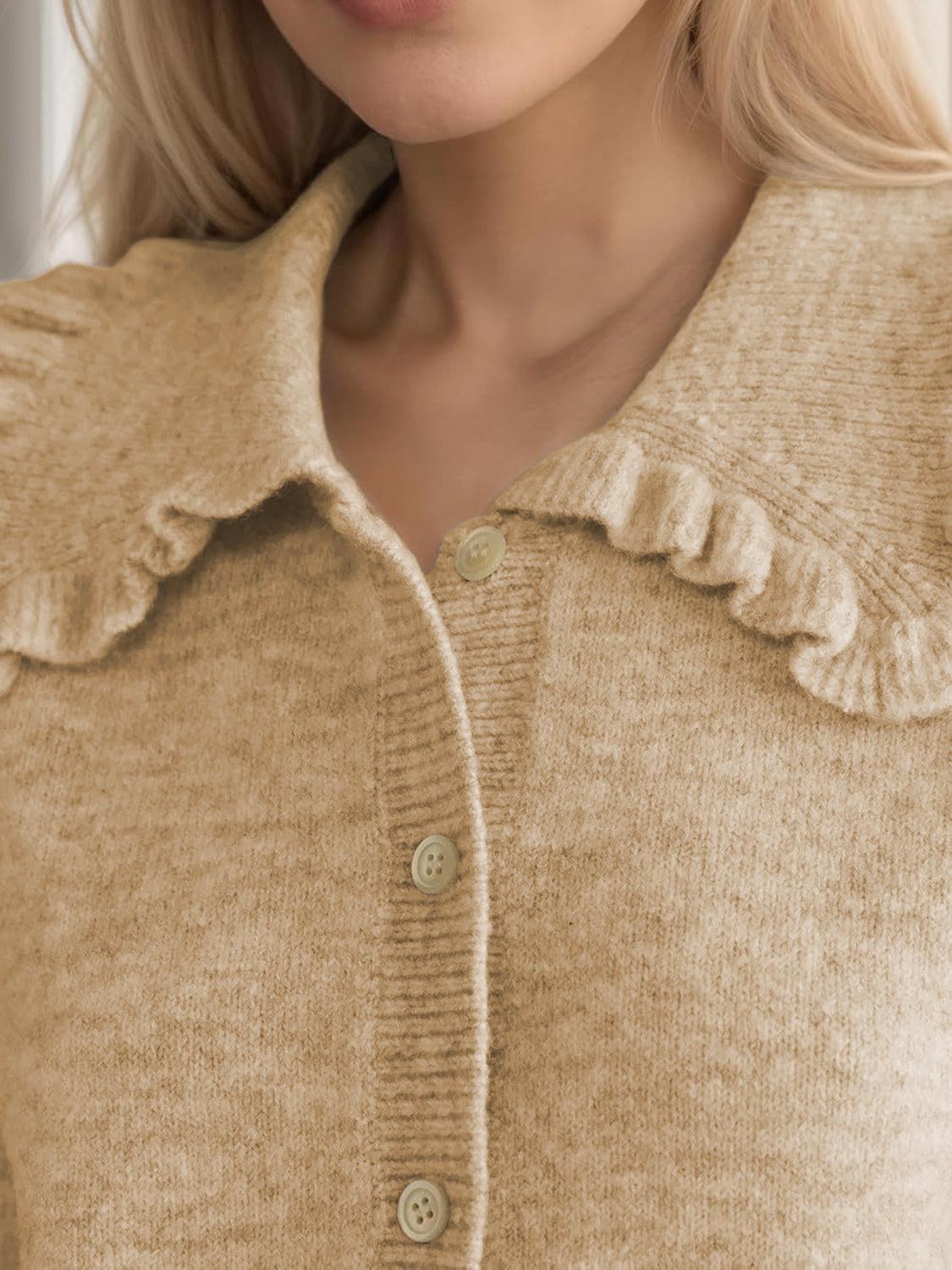 Frill Button Up Collared Neck Long Sleeve Cardigan Product Image