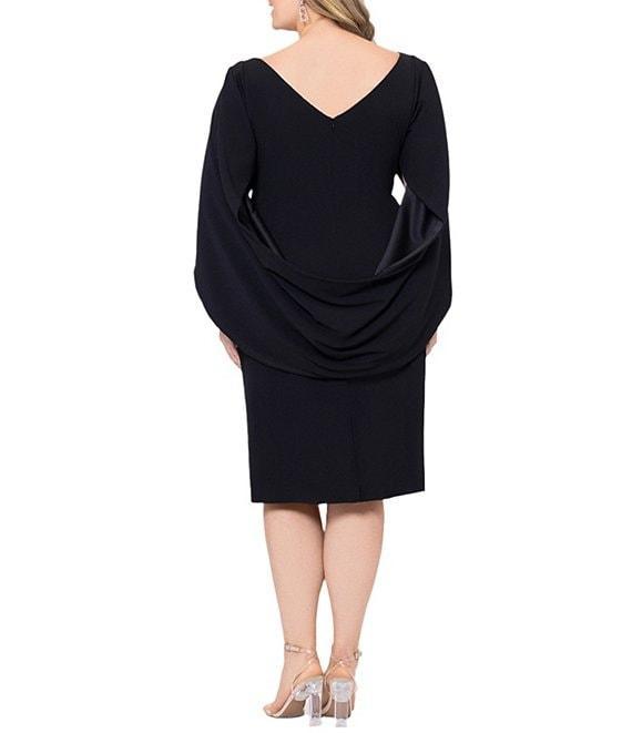 Betsy & Adam Plus Size Round Neck Draped Back 3/4 Sleeve Ruched Front Stretch Sheath Dress Product Image