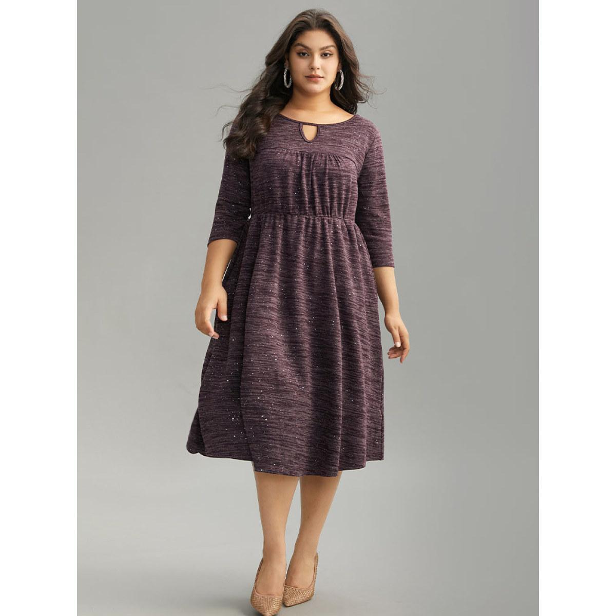 Plus Size Glitter Keyhole Gathered Elastic Waist Dress Purple Women Elegant Rib Knit Keyhole Cut-Out Elbow-length sleeve Curvy Midi Dress BloomChic 26/4X Product Image