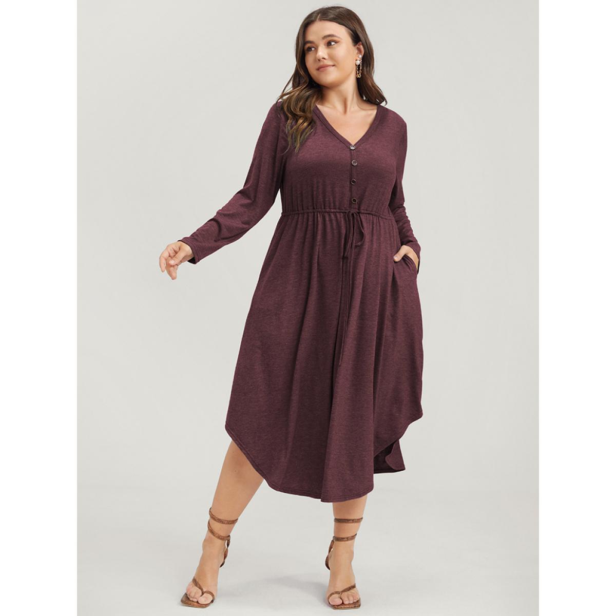 Plus Size Solid Pocket Button Asymmetrical Hem Ties Midi Dress Black Women Casual Patchwork V-neck Long Sleeve Curvy Midi Dress BloomChic 10/M Product Image