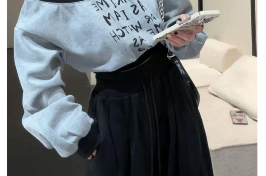 Off Shoulder Drop Shoulder Lettering Crop Pullover Product Image