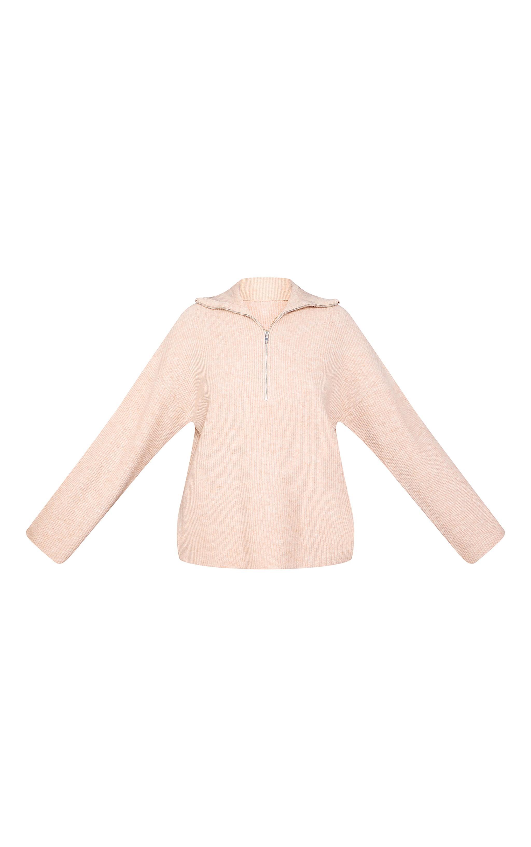 Tall Oatmeal Rib Knit Quarter Zip Long Sleeve Sweater Product Image