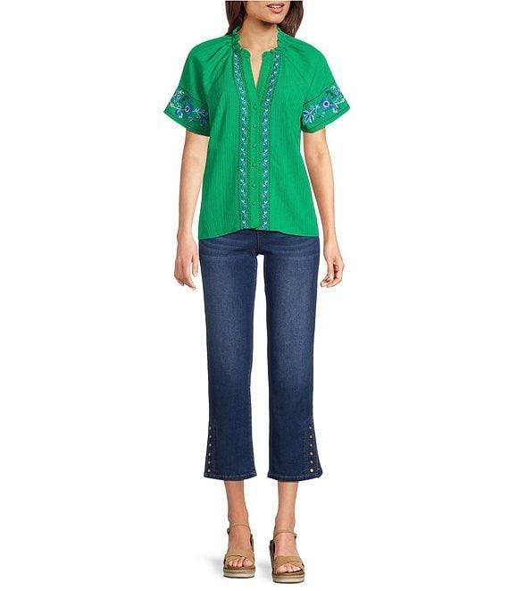 Calessa Embroidered Split V-Neck Short Sleeve Button Front Tunic Product Image