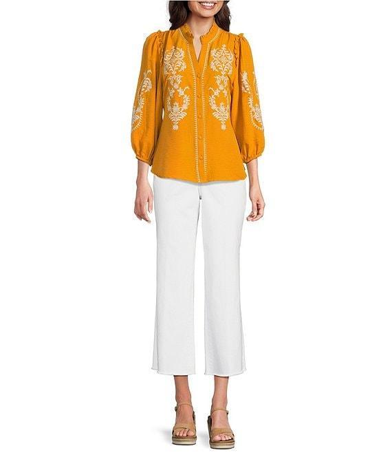 Calessa Embroidered Placement Print Ruffle Split V-Neck 3/4 Sleeve Button-Front Tunic Product Image