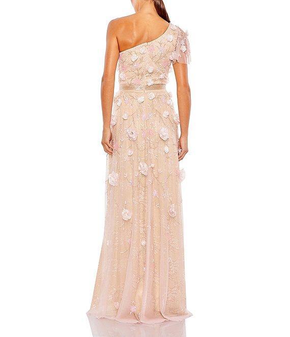 Mac Duggal Embellished Mesh 3D Floral One Shoulder Short Sleeve Column Gown Product Image