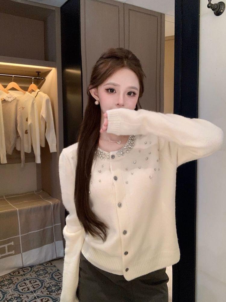 Rhinestone Plain Button-Up Cardigan Product Image