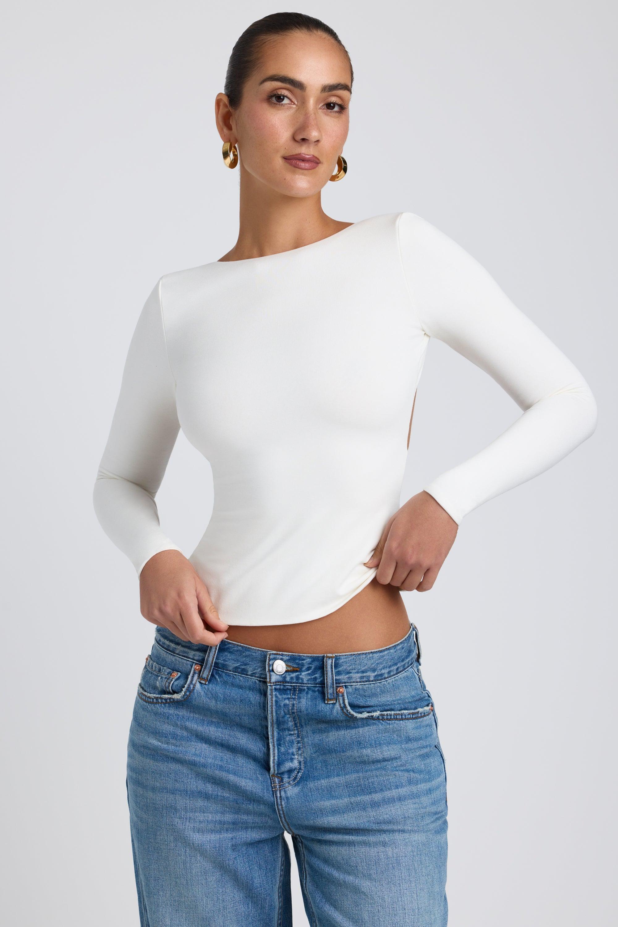 Modal High Neck Long Sleeve Open Back Top in White Product Image