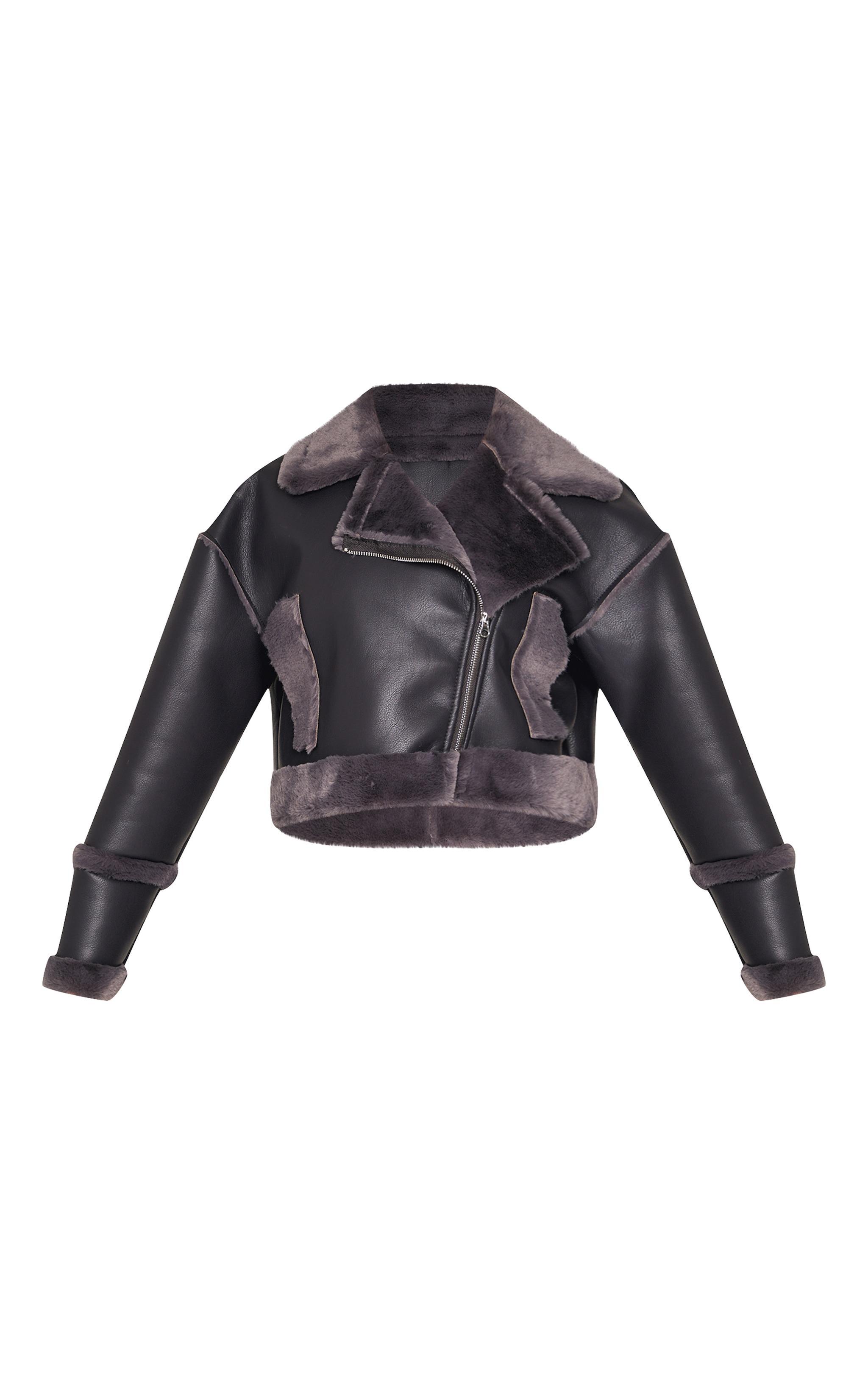 Petite Charcoal Aviator Jacket With Fur Trims Product Image