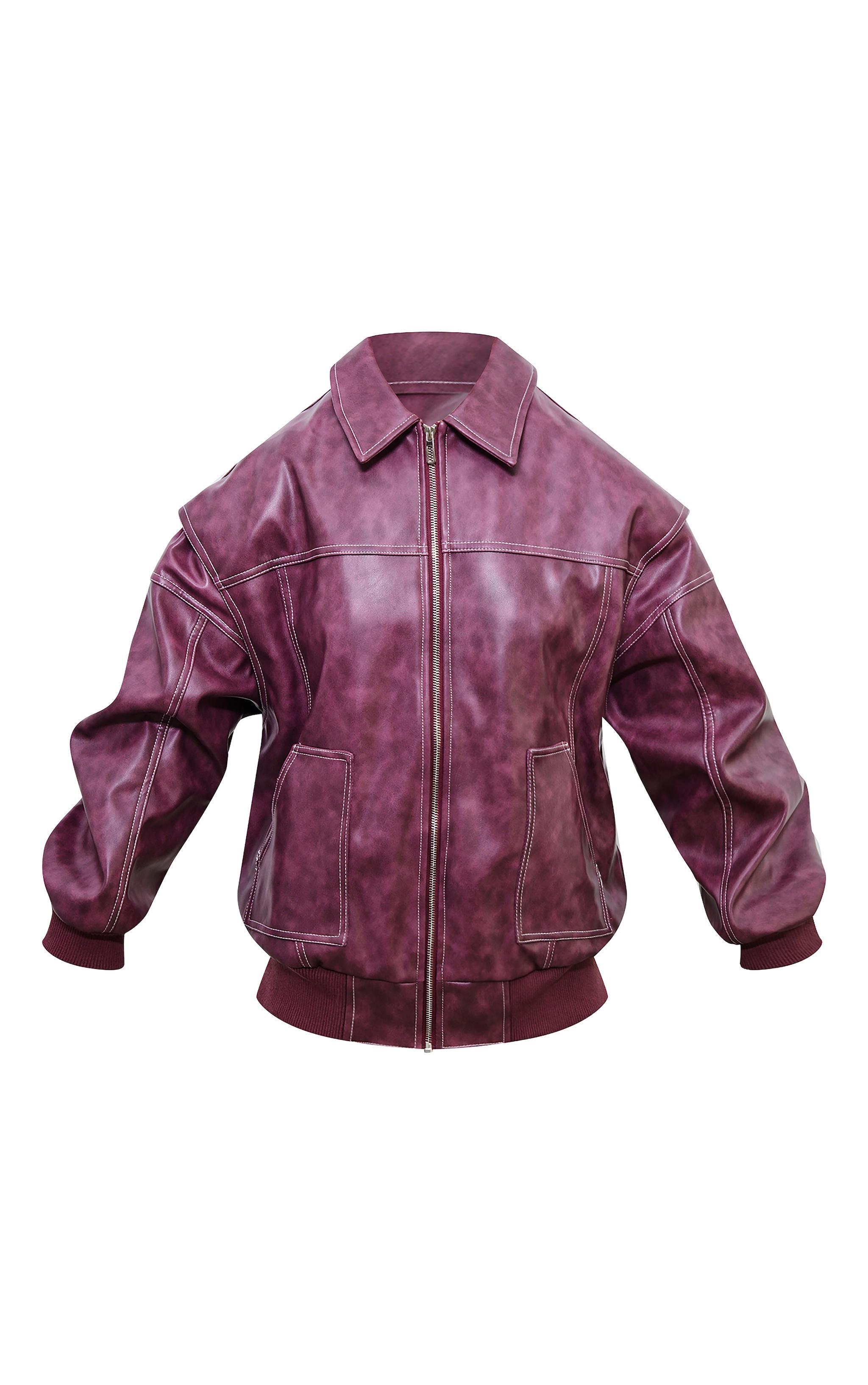 Burgundy Distressed Faux Leather Oversized Longline Bomber Jacket Product Image