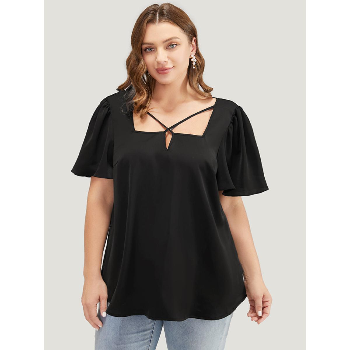 Plus Size Black Solid Crisscross Notched Square Neck Ruffle Sleeve Blouse Women Elegant Short sleeve Notched collar Dailywear Blouses BloomChic 10/M Product Image