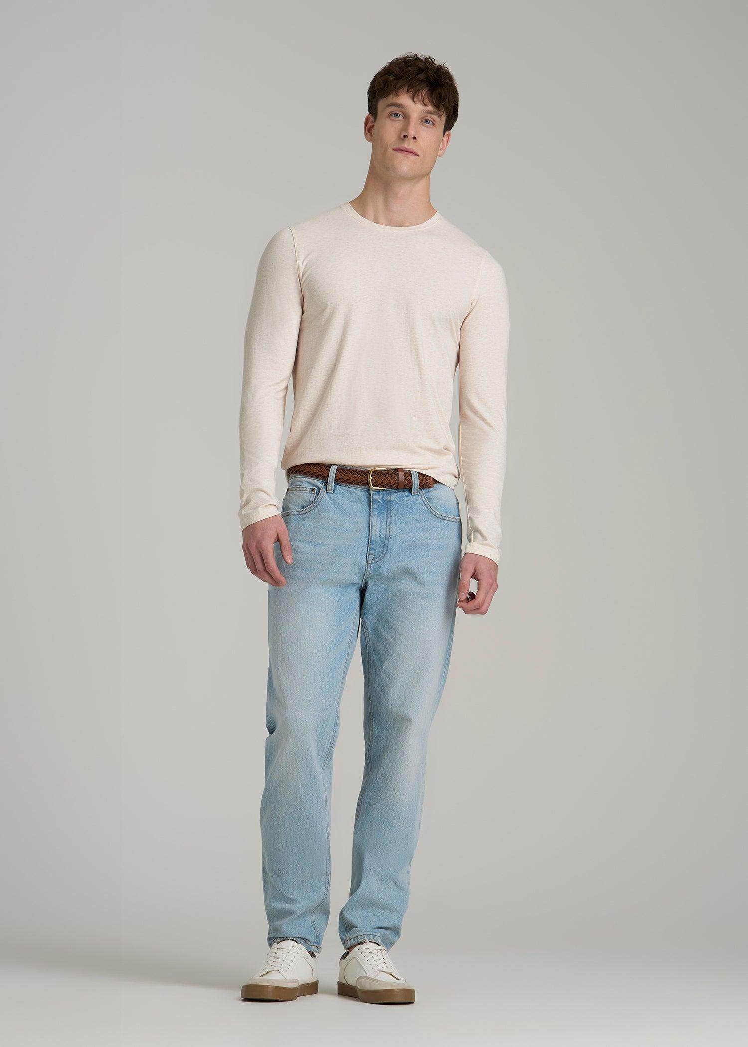 The Essential Modern Fit Crewneck Long Sleeve Tee for Tall Men in Heathered Oatmeal Male Product Image