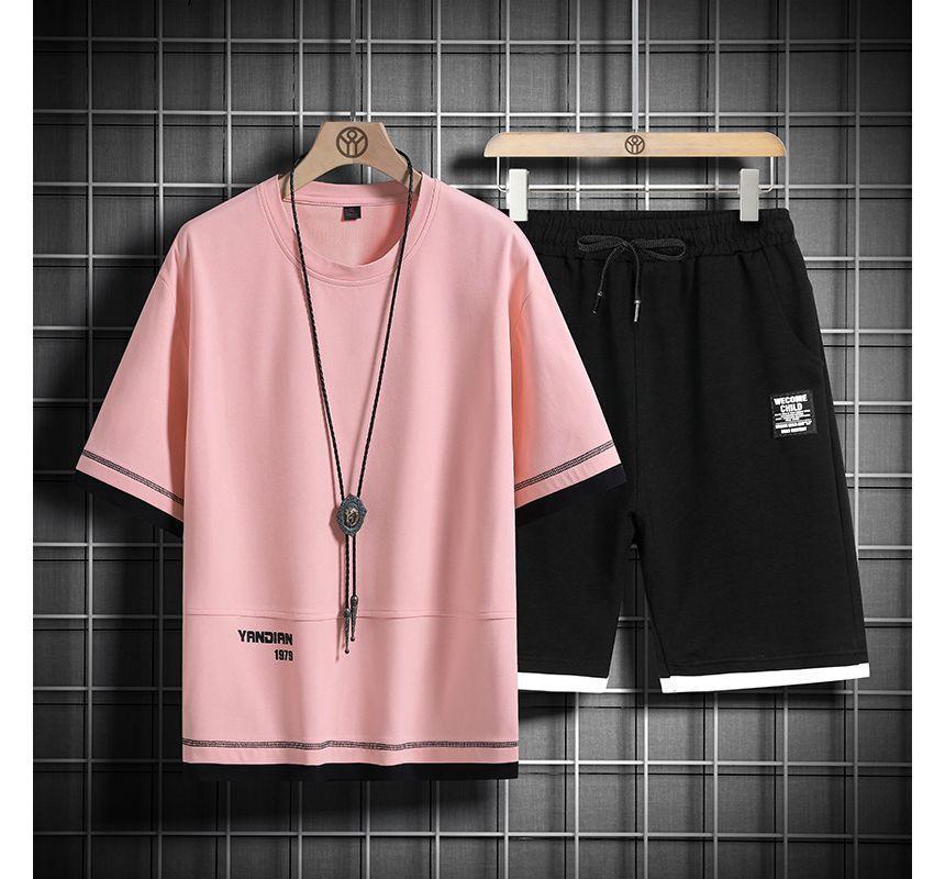 Set: Mock Two-Piece Short-Sleeve Crew Neck Lettering T-Shirt + Shorts Product Image